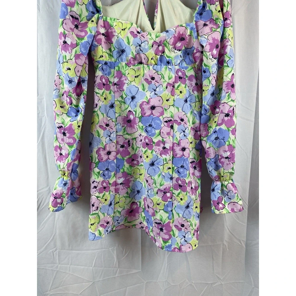 Women's Size Medium Square Neck Puff Sleeve Floral Mini Summer Dress Long Sleeve